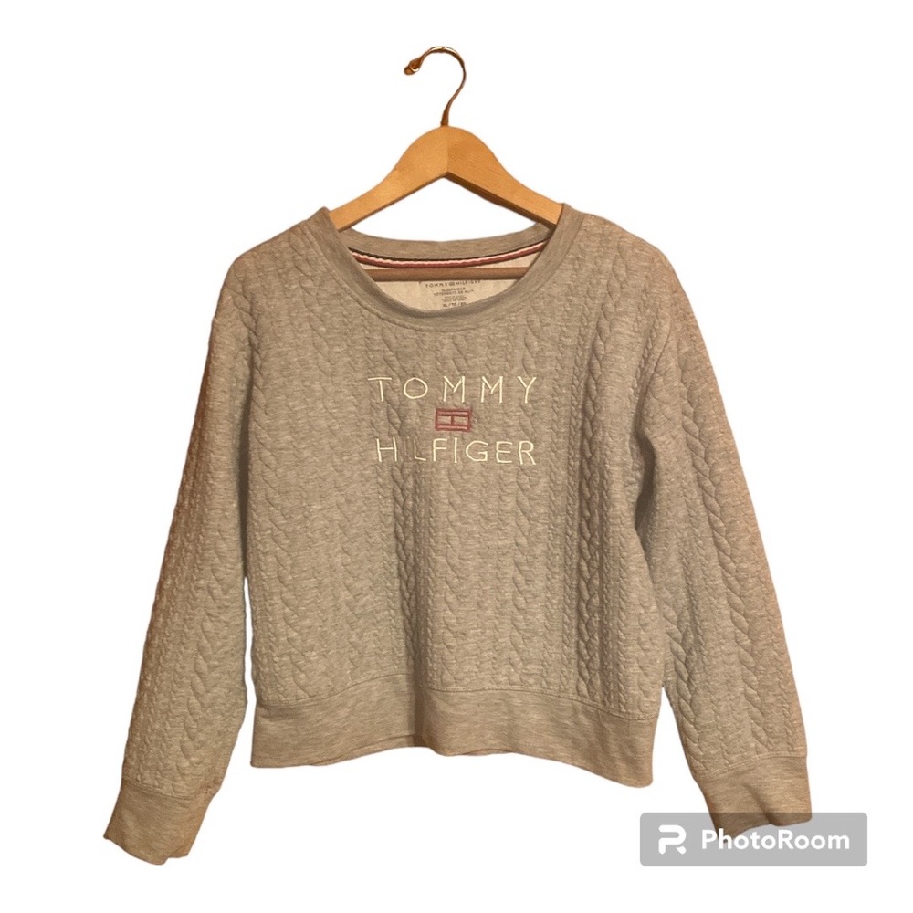 Tommy Hilfiger Gray Cable Knit Embroidered Sweatshirt Top Women’s Size XL